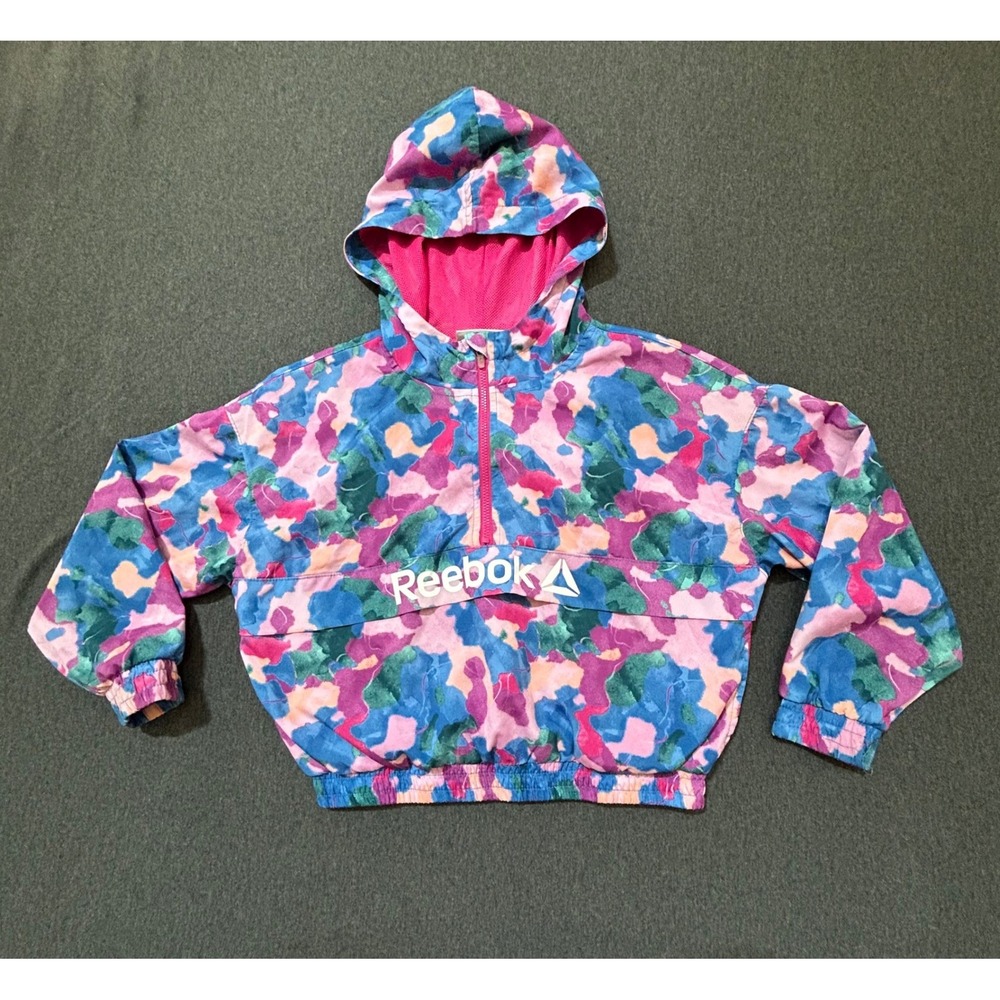 Reebok Girls 6/6X Hooded Half Zip Windbreaker Jacket Pink Abstract Mesh Lined